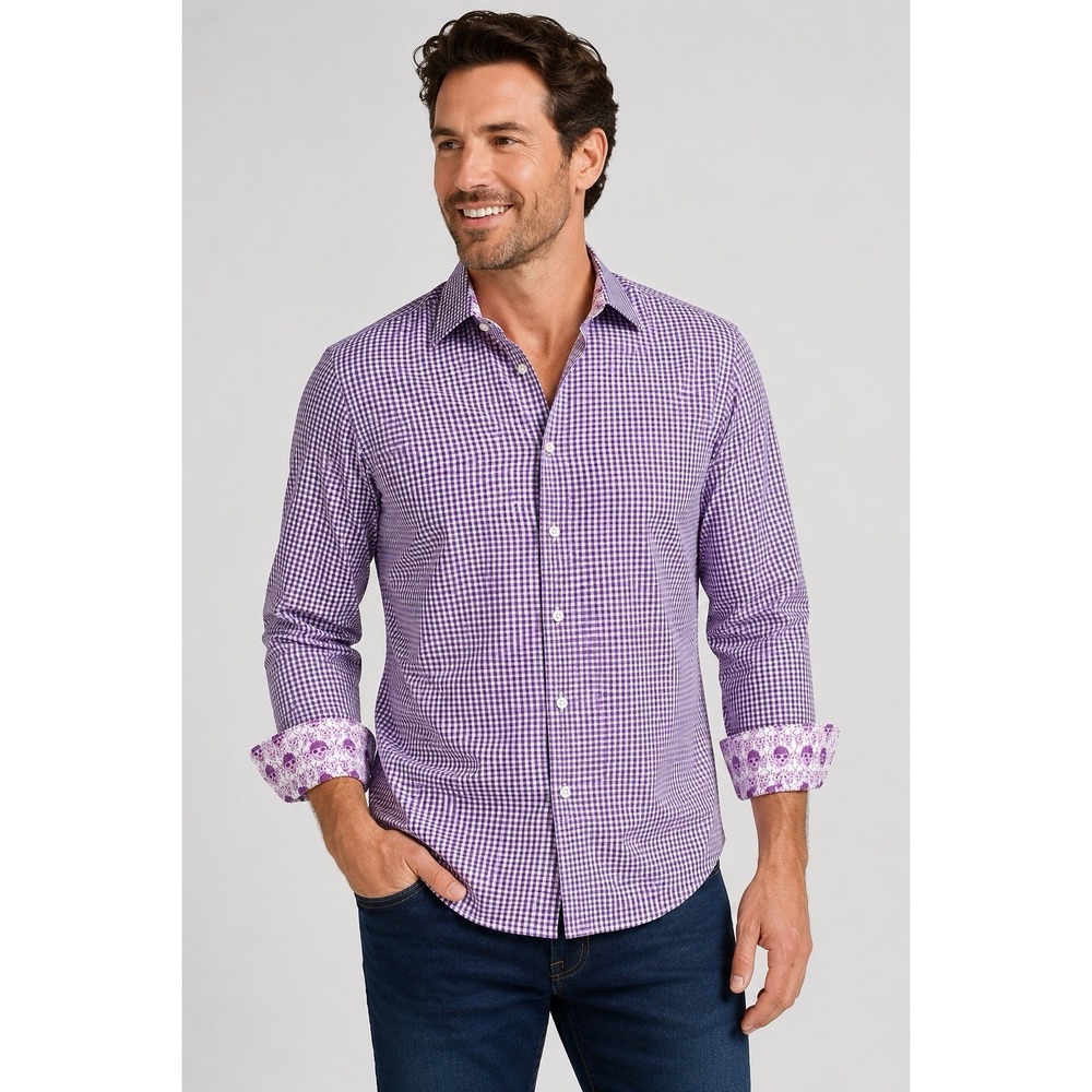 Robert Graham Purple White Gingham Dress Shirt ~Men's M/L 16 ~ Skull Flip Cuff